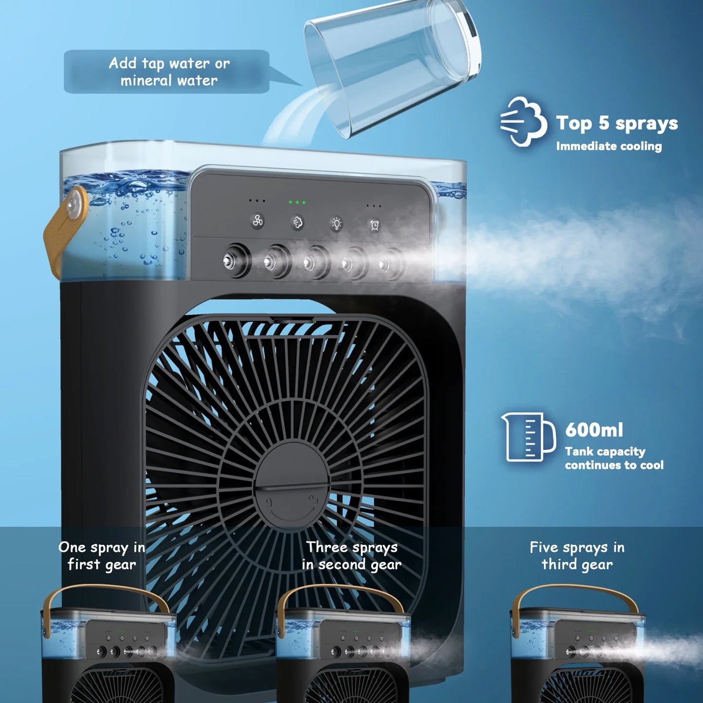 Air Cooler Fan 3 in 1 Mini Portable Fan Humidifier with 7 Colors LED Light Air Conditioner 600ml Tank Water Cooling Misting Fan