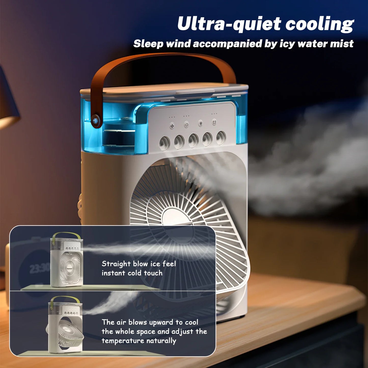Air Cooler Fan 3 in 1 Mini Portable Fan Humidifier with 7 Colors LED Light Air Conditioner 600ml Tank Water Cooling Misting Fan
