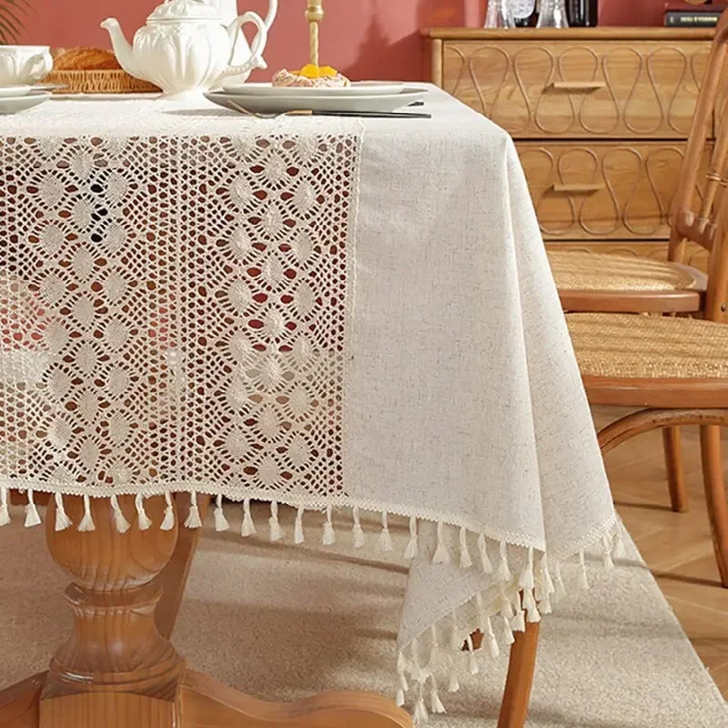 Rustic Table Cloth Rectangle Hollow Splicing Farmhouse Style Washable Tassel Tablecloth Kitchen Dining Room Christmas Decoration