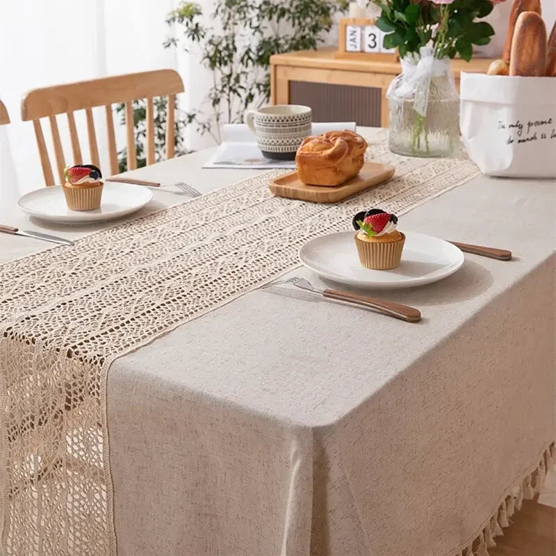Rustic Table Cloth Rectangle Hollow Splicing Farmhouse Style Washable Tassel Tablecloth Kitchen Dining Room Christmas Decoration