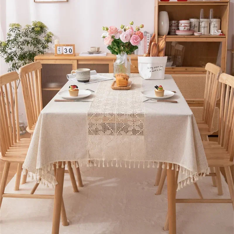 Rustic Table Cloth Rectangle Hollow Splicing Farmhouse Style Washable Tassel Tablecloth Kitchen Dining Room Christmas Decoration