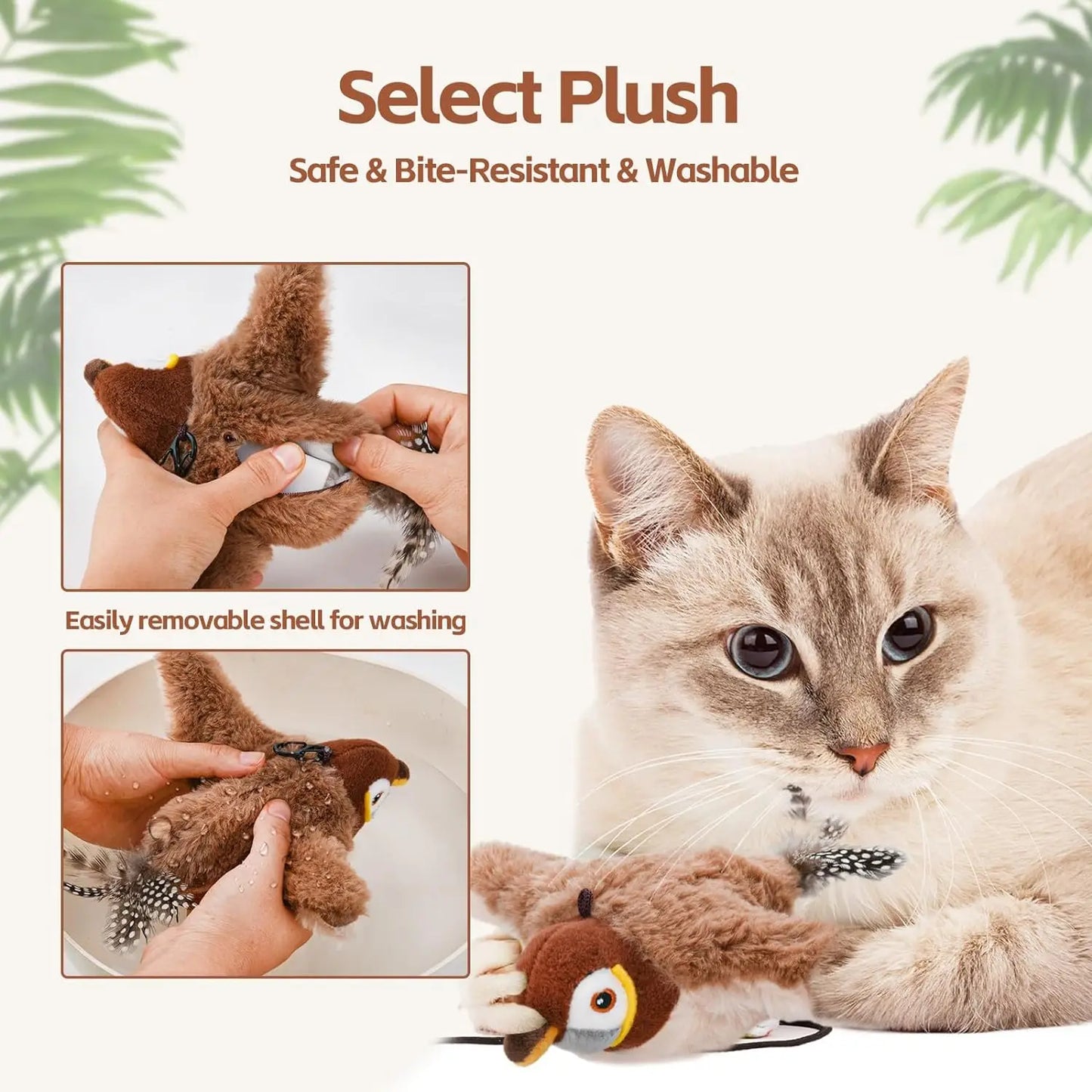 Interactive Cat Toys, Rechargeable Chirping Flapping Bird(no Flying) with Catnip for Indoor Cats, Touch Activated Plush Toys