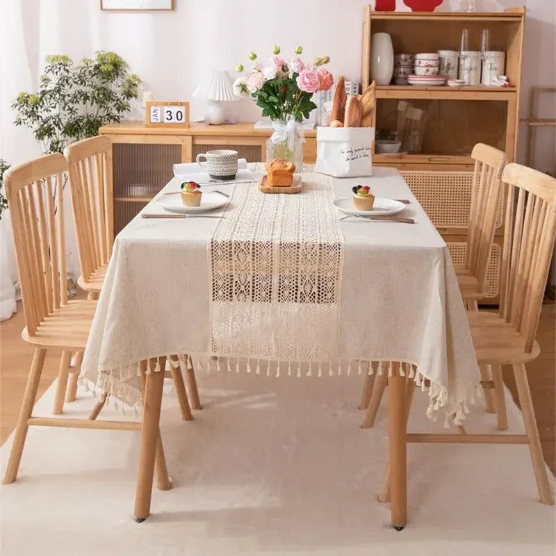 Rustic Table Cloth Rectangle Hollow Splicing Farmhouse Style Washable Tassel Tablecloth Kitchen Dining Room Christmas Decoration